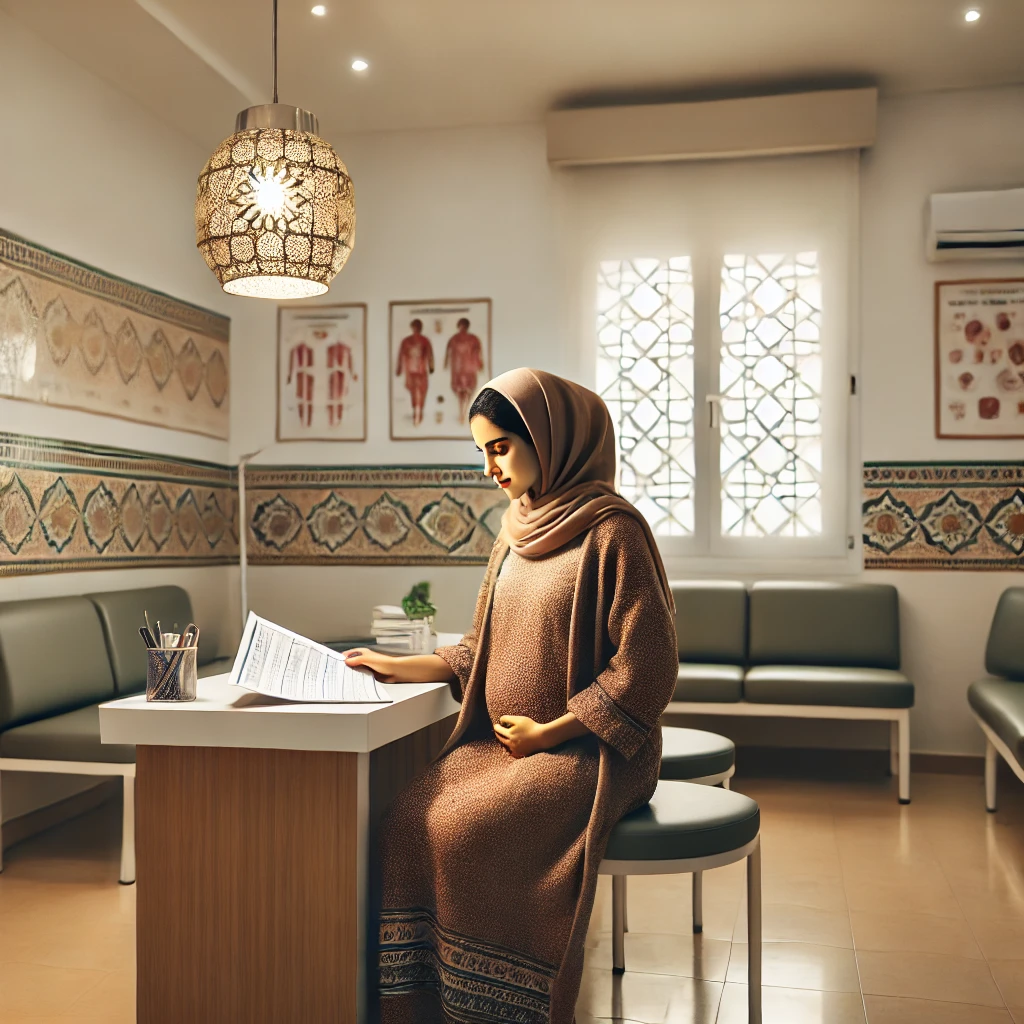 Femme enceinte lors d’un suivi de grossesse au Maroc dans un centre de santé