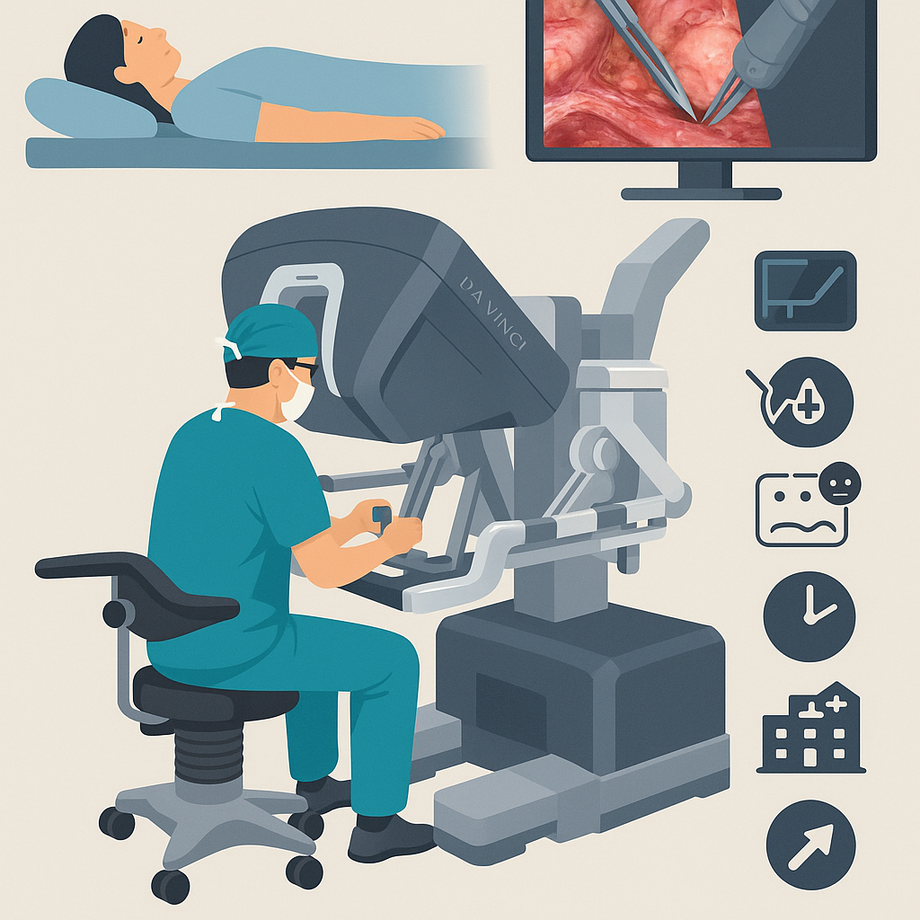 Illustration chirurgicale montrant la chirurgie robotique Da Vinci et cancers gynécologiques – DrMounsef.com