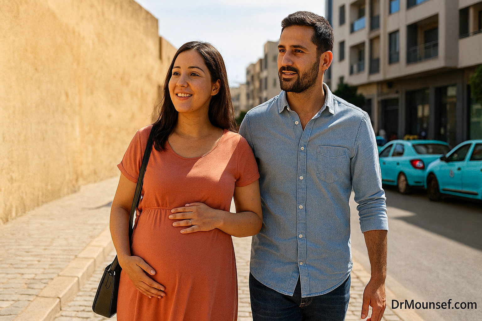 Couple souriant à Meknès, une femme enceinte marche avec son mari dans une rue pavée avec taxis bleus en arrière-plan – DrMounsef.com – gynécologue Meknès.